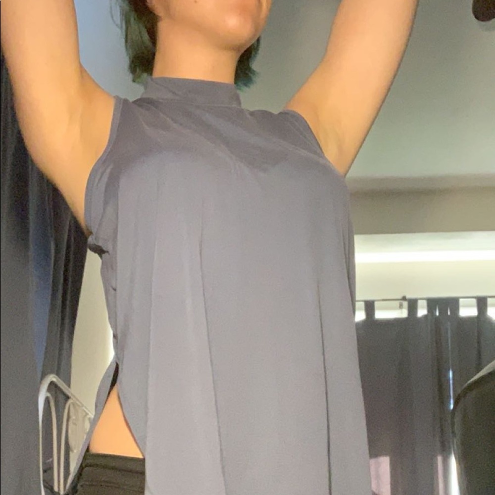 Blue Sleeveless high neck tank top with side slit